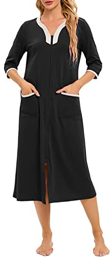 Verve Jelly Women Robes Half Sleeve Lightweight Robe Soft Zipper Casual Bathrobe Ladies Loungewear with Pockets Black XL