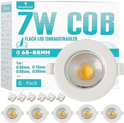 6er LED Einbaustrahler 230V 7W Set Flach 33mm LED Spot Rund Weiß Einbauleuchten 5000K Kaltweiß 600LM für Schlafzimmer Wohnzimmer