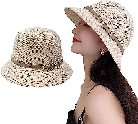 Binjor Chapeau de Soleil en Paille pour Femme Anti UV Chapeau de Paille Randonnée Plage Bonnet de Soleil Pliable Chic De Brousse D'été Elégant et Beau (Rond)