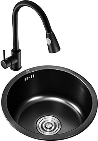 Fregadero de bar Nano-coated de empotrar de un seno 14,2'' negro redondo con grifo bifunción y kit de instalación apto para cocina o bar