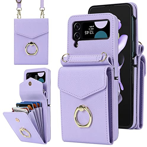 SINQERISHT Handykette Handyhülle für Samsung Galaxy Z Flip 4 5G 2022 Wallet Hülle PU Leder Case mit Kartenfach, Brieftasche mit 360° Ring Ständer Klapphülle Magnetverschluss Cover(Lila)
