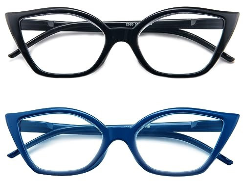 Kodilin Occhiali da Lettura Donna 2.0 Anti Luce Blu Cat Eye Occhiali per PC con Cerniera a Molla, Nero+Blu