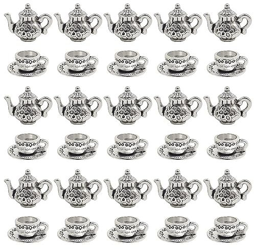 JKJF 30 Pcs Metal Teapot Tea Cup Charms Pendants Mini Coffee Mug Pendants Vintage Tea Kettle Charms Bulk Pendant for DIY Crafts Bracelet Earrings Necklace Jewelry - Silver