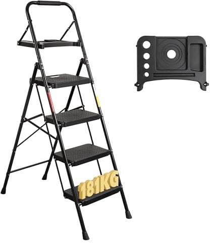 BONTEC Escaleras Plegables de 4 Escalones, Capacidad de 150KG con Pedales Antideslizantes Anchos, Taburete de Mano de Acero, Manubrio de Esponja, Uso en Interiores y Exteriores, Negro