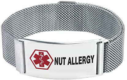 LSxAB Men's Medical Alert Nut Allergy Bracelet for Men Women Emergency First Aid Adjustable Magnetic Clasp Stainless Steel ID Wristband Bracelets