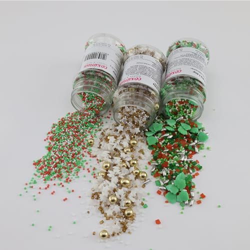COXIMUS Zuckermix Weihnachtsset | 3x60g Mix Weihnachten, Goldweiß und NP rot-grün-weiß | Dekoratives Zuckerdekor Set für festliche Kuchen- und Backkreationen | SET03