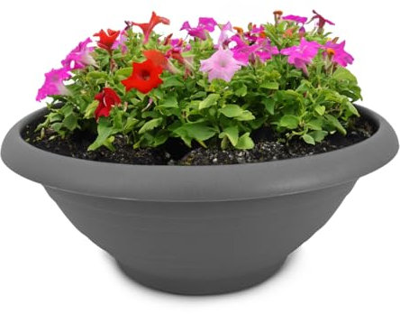 Pot de fleurs et soucoupe résistant aux intempéries avec trou - Pot de fleurs rond de 40 cm - Gris - Résistant au gel - Grand pot de fleurs comme pot de fleurs pour pierre tombale