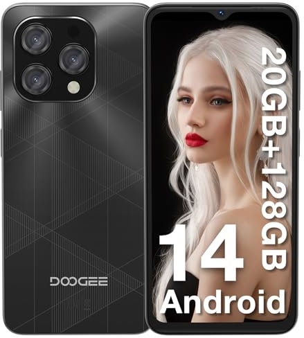 DOOGEE N55 Plus Telephone Portable 20GB RAM+128GB ROM(TF 1TB) Android 14 Smartphone Pas Cher, Écran 6.56 HD+ 90Hz, 13MP+8MP, 5150mAh, Octa Core, 4G LTE/5G WiFi/OTG/Widevine L1, Noir