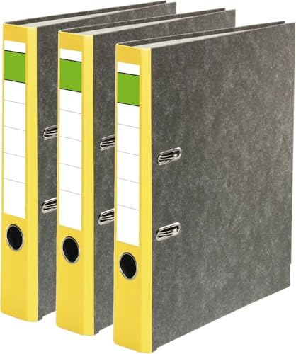 Papiertiger Ordner Nature mit farbigem Rücken aus Graukaton im Wolkenmamor Design, Rückenschild klassisch grüner Balken (Nature (Wolkenmamor), Gelb, 3 Stück | 5cm schmal)