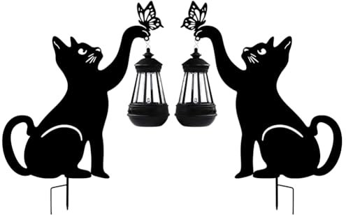 OKESYO Solar Katze für Außen Garten, 2 stück Metall Katzen Solarlampe, Katze Gartendeko mit Laterne, Wasserdicht Solar Katze Gartenstecker für Außen Balkon Gartendekoration