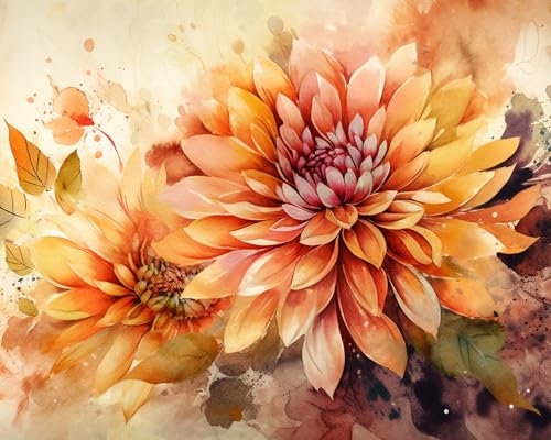 TISHIRON Paint by Numbers for Adults,Watercolor Dahlias Bloom Painting DIY Flowers Oil Painting Adult Paint by Number,Adult Paint by Number Kits for Home Wall Decor 16x20 inch