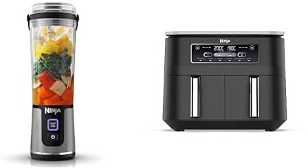Ninja Blast Blender portable, 530 ml, mini blender sans fil puissant, rechargeable, BC151EUBK + Ninja Foodi Dual Zone Air fryer Digital, 2 Tiroirs, 7,6L, 6-en-1, Sans huile, AF300EU