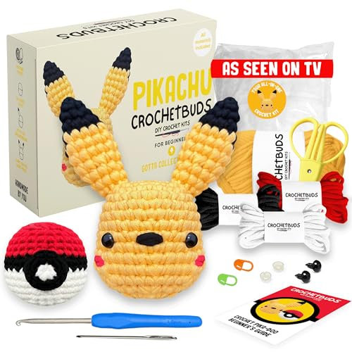Pikachu & Pokeball Häkelset für Anfänger, komplettes DIY-Set für Kinder, Jugendliche und Erwachsene, mit Anleitung (evtl. nicht in deutscher Sprache), einfach zu verwendendes Garnbündel, Haken,