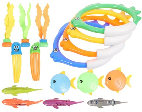 HAWILLOSCH Set De Juguetes De Buceo para Piscina 4 Tiburones 3 Algas 3 Peces 3 Medusas 4 Palos y 4 Anillos De Buceo Diversión Acuática para En La Piscina