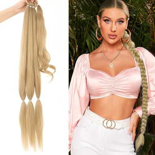 NJCXOLA Braid Extensions Pferdeschwanz Verlängerung mit Haargummi, 100 cm Lang Ponytail Geflochten Zöpfe Kunsthaar Haarverlängerung Zopf Haarteil Blond für Damen, Blond & Aschblond Gemischt