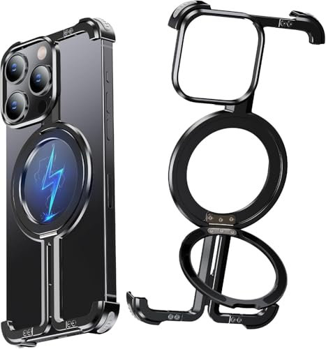 NIFBANG Rahmenlose Aluminium für iPhone 14 PRO MAX Hülle,Magnetisch Stoßfest Handyhülle mit Magsafe,Anti-Scratch Anti-Fingerprint hüllen Dünn,Schutzhülle mit Integrierter Ständer (Schwarz)