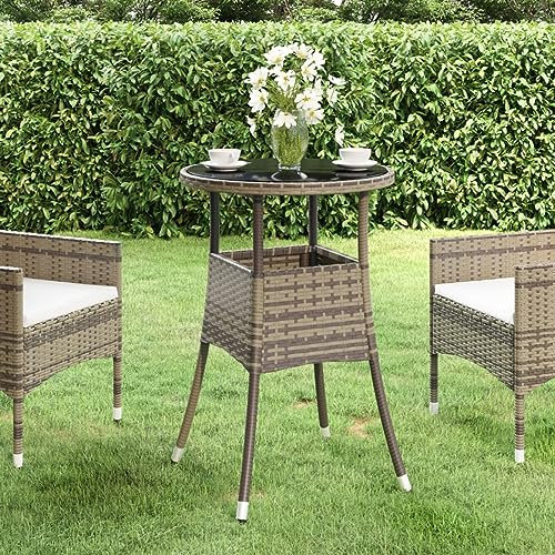 Homgoday Gartentisch Ø 60 x 75 cm gehärtetes Glas und Polyrattan grau, Gartentisch, Küchentisch