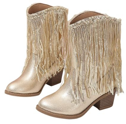 Stivali da bambina a metà polpaccio, punta a punta, stivali da cowboy, scarpe da equitazione western, con nappe e paillettes, tacco basso, per autunno inverno, feste, in pelle, alla moda, Oro, 34 EU