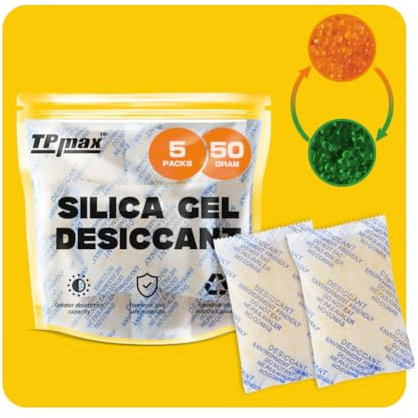 50g x 5 Packs Silica Gel Desiccant Sachets, Reusable Dehumidifiers with Color Indicator, Ideal for Storage, Closets, and Basements