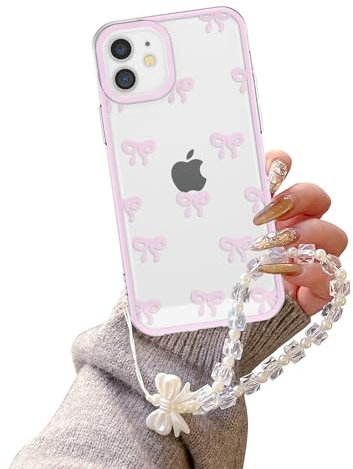 EYZUTAK Case for iPhone 11, Clear Cute Ribbon Bowknot Aesthetic Phone Case with Charm Bracelet Chain Raised Camera Protection Stylish Soft Durable TPU Protective Cover for Women Girls - Pink
