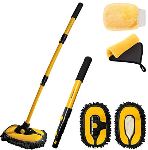 YeewayVeh 5PCS Car Wash Brush with Long Handle, 15° Curved Car Wash Mop with 2 Extra Replacement Brush Head, Car Washing Brush Kit with Car Wash Mitt and Towel for RV Truck Camper Cleaning, Yellow