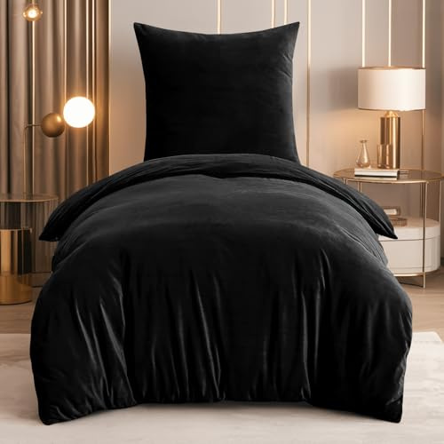 RUIKASI Flanell Bettwäsche 155x220 2teilig Schwarz - Warm Winter Bettwäsche Kuschel Plüsch Fleece Bettbezug Sets mit 1 Kissenbezüge 80x80cm