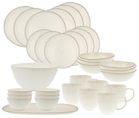 Artime - Service Vaisselle 32 Pièces Coton, Assiettes Plates, Creuses, Petites, Bols, Mugs, Saladier, Plat Ovale, Céramique Blanche Unie
