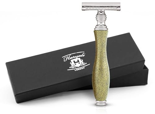 Haryali London Rasierhobel mit Doppelklinge für Damen und Herren – Metallischer Rasierhobel mit Doppelklinge – Geprägtes Design – Wiederverwendbarer Rasierer – Gold – Passend für alle DE-Klingen