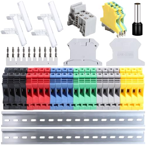 Shengbowi Terminal Block DIN Rail Type Kit Voltage Combined Block DK2.5N | 12-22 AWG Gauge Ground Blocks Jumpers Brackets 600V Covers Grey