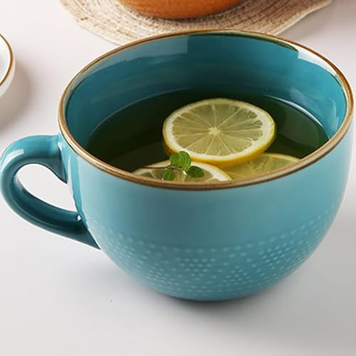 Taza de café de cerámica grande de 700 ml, taza de café de cerámica, tamaño XXL, con asa, cuencos grandes de cereales con asa, cuenco para ensaladas, taza de café de porcelana (azul)