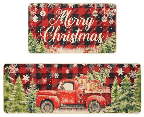 AIBIIN Fröhliche Weihnachten Teppiche Set von 2 Xmas Rutschfeste Gummimatten Winter Rot und Schwarz Karierte LKW-Türmatten Feiertags-Bodenmatte Küche Wohnzimmer Weihnachtsdekorationen 60x40+120x40cm