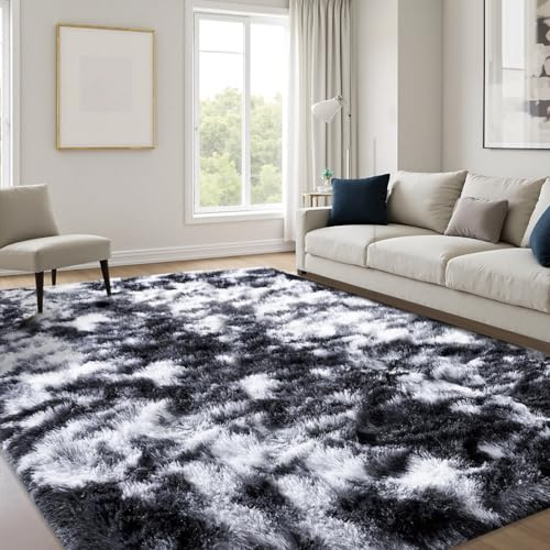 JOYARR Hochflor Wohnzimmer Teppich, Flauschig Waschbar rutschfest Moderne Teppiche Groß für Schlafzimmer Büro Esszimmer Kinderzimmer Spielzimmer, 160x230 cm, Tie Dye Schwarz Weiß