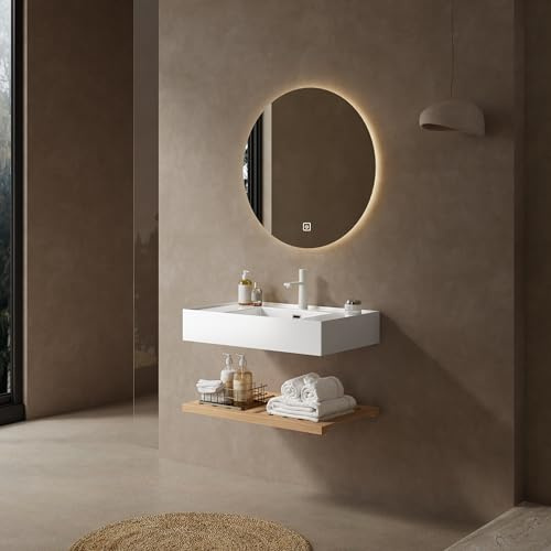 Lavabo de mueble de baño de 75 cm, lavabo de baño, lavabo acrílico rectangular blanco, capa de estante a rayas, grifo no incluido, color de grano de madera natural