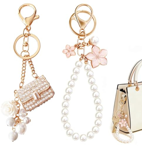 Wugauwor Porte-clés Perles pour Femmes, Lot de 2 Charme Fleuri & Clutch Doré avec Perles Similaires, Porte Clef pour Cles, Sac, Portefeuille, Cadeau pour Femme
