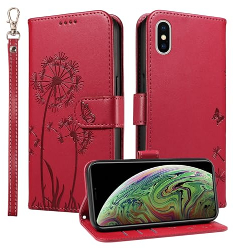 Trugox Handyhülle für Apple iPhone X/iPhone XS Klapphüll Löwenzahn Hülle Klappbare mit Kartenfach Handytasche Schutzhülle Handy Tasche Leder Wallet Flip Case Cover - Rot