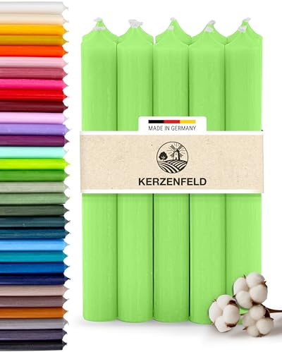Premium Stabkerzen Neongrün durchgefärbt, 10 Stück, 180mm x 22mm | Made in Germany, Lange Brenndauer 8+ Stunden - Bunte Spitzkerzen Ohne Tropfen & Rußen - RAL-Zertifizierte Haushaltskerzen