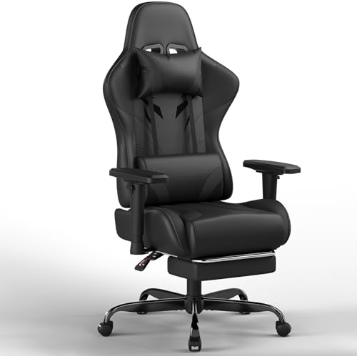 JUMMICO Gaming Stuhl mit 2D verstellbaren Armlehnen, Bürostuhl Ergonomisch mit Fußstütze, Gamer Stuhl Belastbarkeit 150 kg, Schwarz