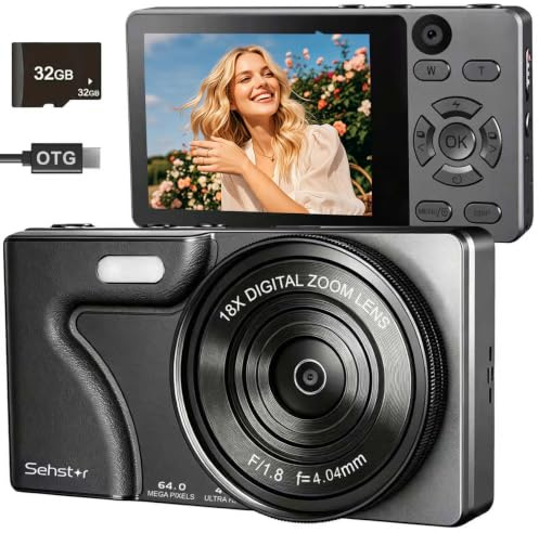 Digital Camera 4K 64MP Compact Digital Camera with 32GB SD Card, 2.8 IPS Screen,18X Digital Zoom Autofocus, 2000mAh Battery, USB transfer, Kids Camera for Teenagers, Beginners (Black)