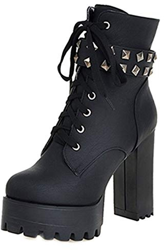 Smilice Damen Plateau Stiefeletten mit hohem Blockabsatz und Niete (Schwarz, 44 EU)