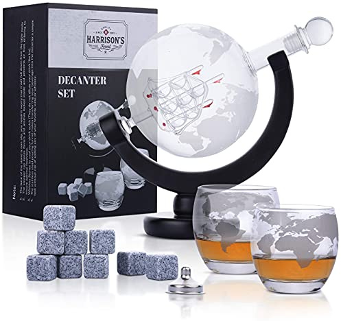 Harrisons Finest Glass Whiskey Decanter Set - 850ml Globe Shaped Decanter with Glass Stopper, 2 Engraved Globe Glasses, Steel Pourer Funnel and 9 Whiskey Stones