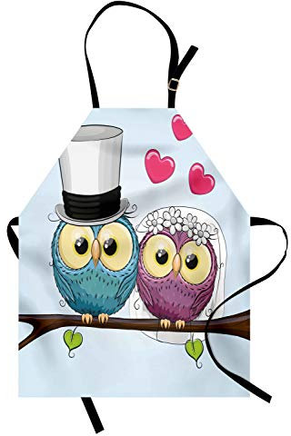 ABAKUHAUS Hochzeit Kochschürze, Feier-zwei Cartoon-Art-nette lustige Eulen-Ehemann-Ehefrau-Braut und Bräutigam, Höhenverstellbar Klare Farben ohne verblassen, Lila Blau