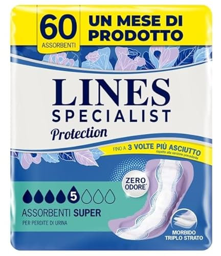 Lines Specialist Protection Super, Assorbenti per Incontinenza Donna, Tecnologia Zero Odore e Protezione Multistrato, Minimo Ingombro, Scorta Mensile, 4 Confezioni da 15 Unità