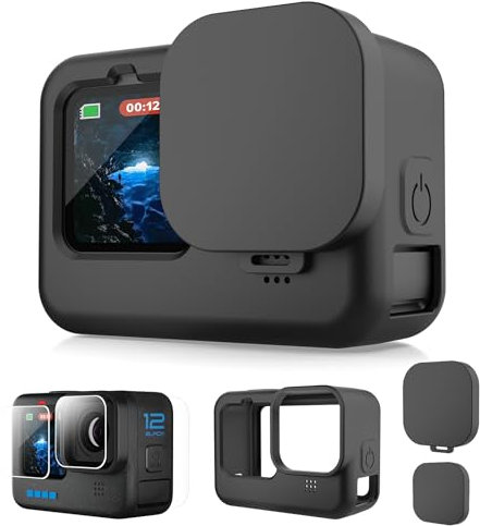 Lammcou Custodia Protettiva in Silicone per Hero 12, Custodia per Fotocamera + Pellicola Protettiva in Vetro + Copriobiettivo, Hero 12 11 10 9 Silicone Protective Case Accessorio