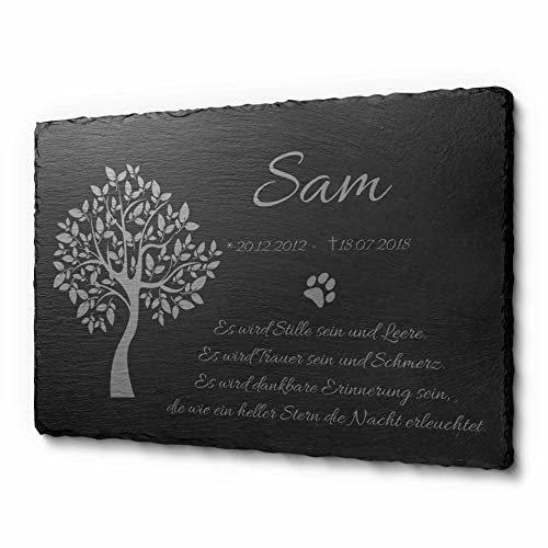 Premium Grabtafel für Hunde & Katzen aus Schiefer mit Gravur / Foto | Gedenktafel Hund mit Bilder schönen Motiven und Baum | ideal als Grabplatte für ein Urnengrab von Tieren 30x20 cm selber gestalten