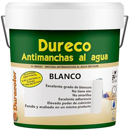 Pintura Dureco Antimanchas al Agua Sin Olor - Color Blanco - 4 Litros - Apto Para Superficies de Mampostería - Resistencia a los Álcalis (Sales) - No Amarillea - Fácil Limpieza - Duracolor
