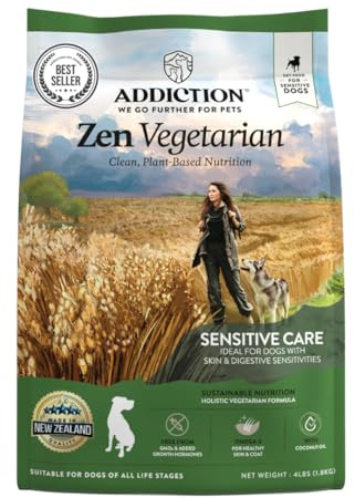 Addiction Zen Vegetarian Dry Dog Food - Plant-Based Protein for Dogs with Meat Allergies & Sensitive Skin - Vegetarian Dog Food for All Life Stages - Made in New Zealand 4lb