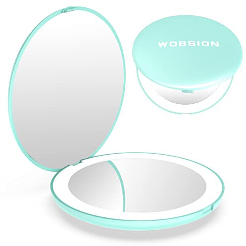 wobsion LED Spiegel mit 1X / 10X Vergrößerung,Kleiner Reisespiegel mit Licht für Beleuchtung,Batteriebetrieben Taschenspiegel für Reise und Makeup,Tragbarer Handspiegel als Geschenk,Grün