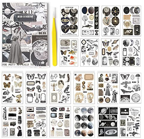 Alideco Scrapbook Stickers Sets Vintage Transparent Celestial Planet Moon Aesthetic Adults Scrapbooking Supplies Stickers for journaling tweezer 20Sheets/165Pcs
