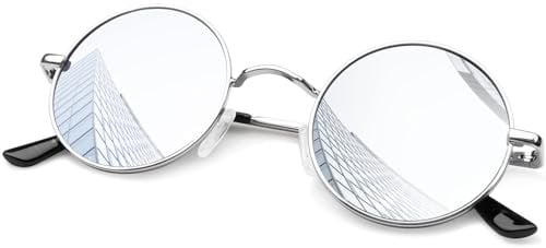 KANASTAL Runde Sonnenbrille Herren Damen Klassische Retro Polarisierte Sonnenbrille Rund mit Metallrahmen Vintage Hippie Rave Brille UV400 Schutz, Silber Rahmen Verspiegelt Silber Gläser