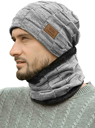 Mens Winter Beanie Hat Scarf Set Warm Fleece Lined Knit Ski Hats Slouchy Skull for Unisex Gift